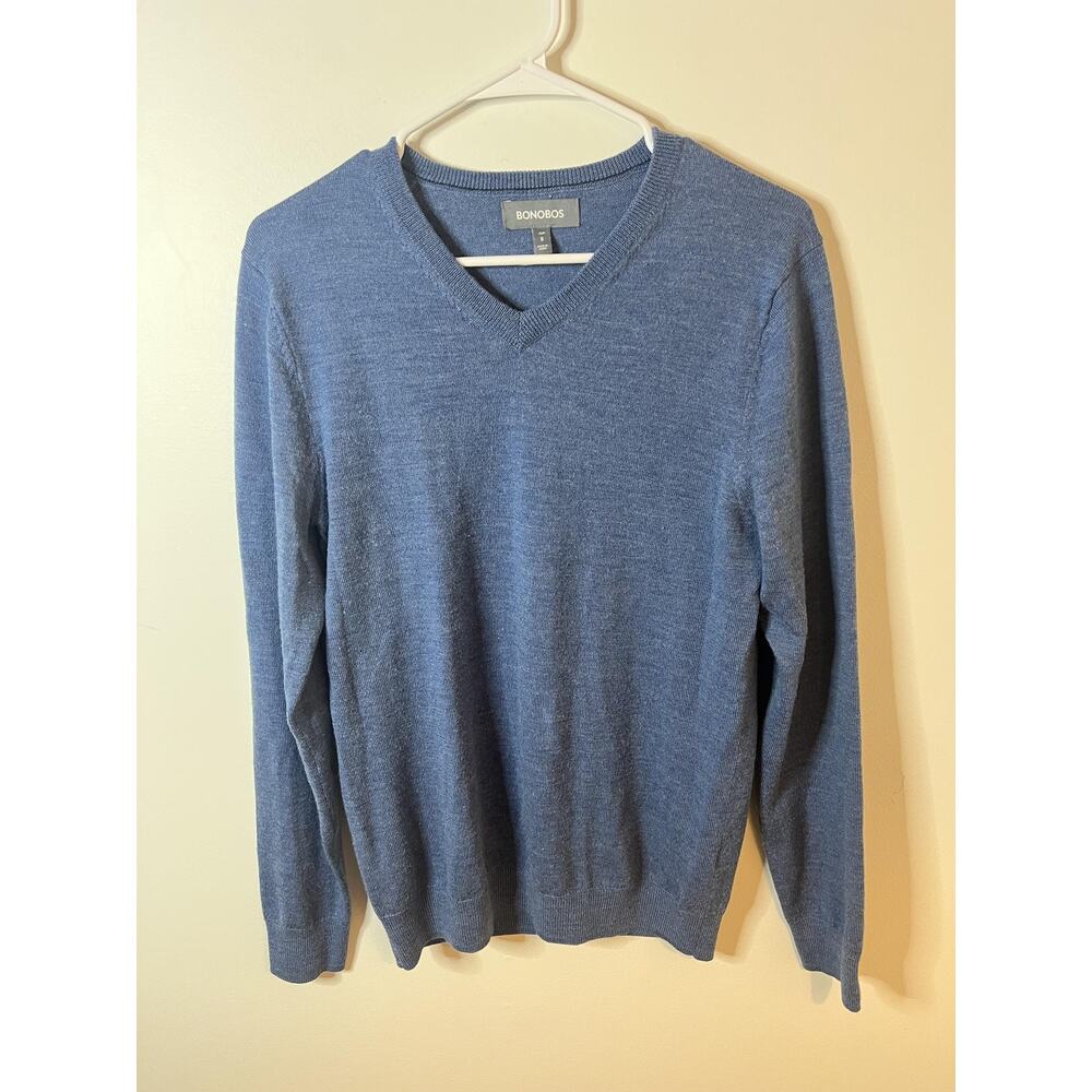 Bonobos Sweater‎ Mens Small Blue 100% Merino Wool V-Neck Pullover Slim Fit Knit